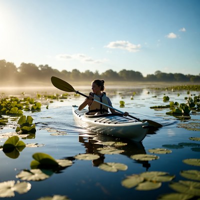 Woman kayaking through lily pads