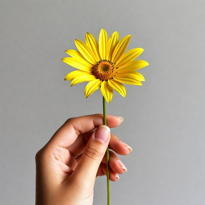 Hand holding yellow daisy flower