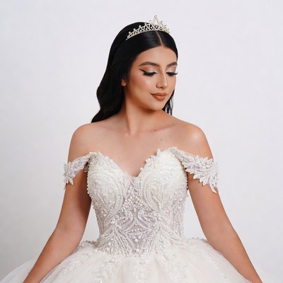 Woman in white lace wedding gown with tiara