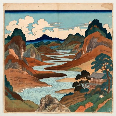 Japanese Landscape with River and House