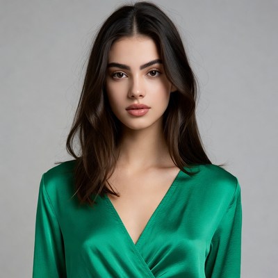 Woman in green satin dress
