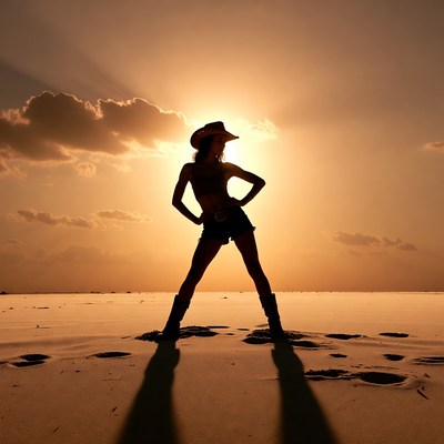 Silhouette of woman in cowboy hat sunset