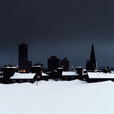 Snowy City Skyline Silhouette at Night