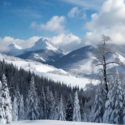 Snowy Mountains with Pine Forest