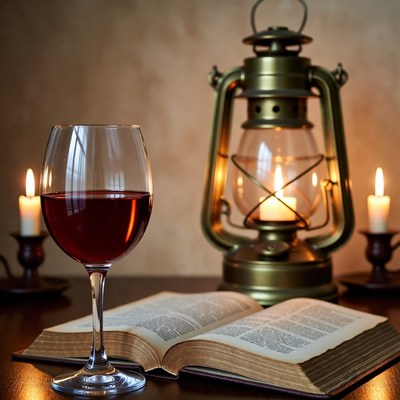 Red Wine Glass and Open Book by Lantern