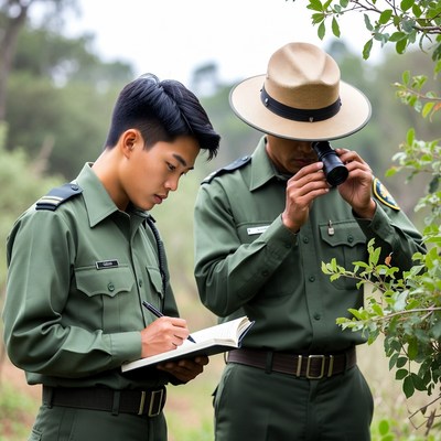 Two Asian park rangers observing nature