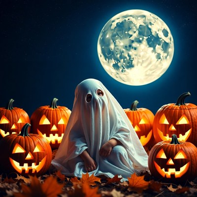 Child Ghost with Pumpkins under Moon