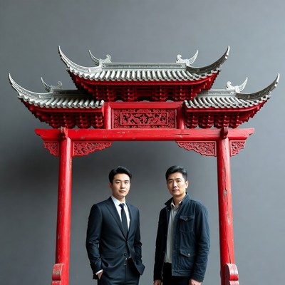 Two Asian men standing under red Chinese gate
