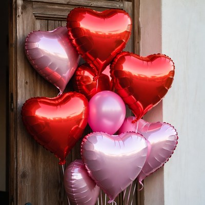 Red and Pink Heart Balloons on Wooden Door