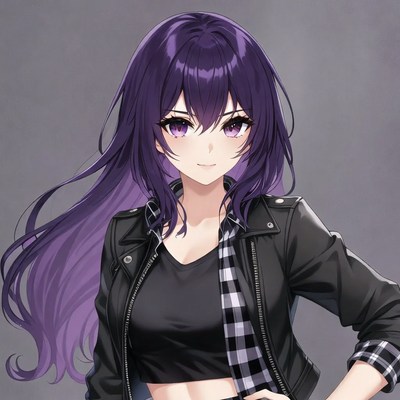 Anime girl with purple hair and leather jacket