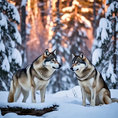 Two Huskies Standing in Snowy Forest