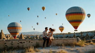 Couple sitting by hot air balloons Cappadocia