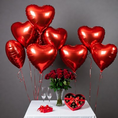 Red Heart Balloons with Roses and Chocolates