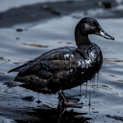 Oil-covered duck in water