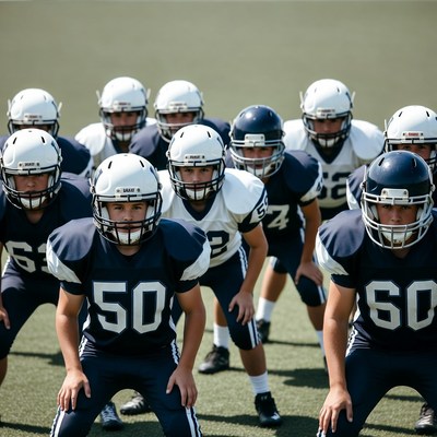 Football team boys in helmets on field