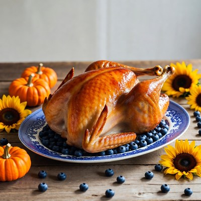 Roasted Turkey with Pumpkins and Sunflowers