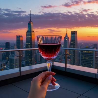 Hand holding red wine glass Manhattan skyline sunset
