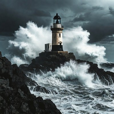 Lighthouse Amid Crashing Storm Waves