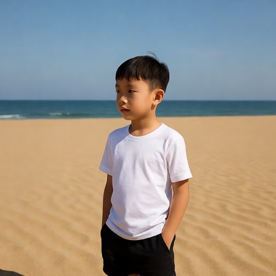 Asian boy standing on beach