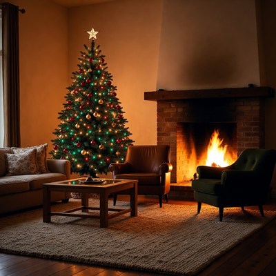 Cozy Living Room Christmas Tree Fireplace