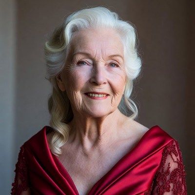 Elderly woman in red lace gown