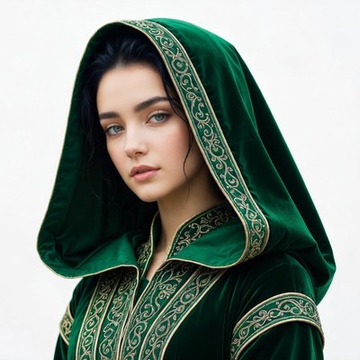 Woman in green hooded robe