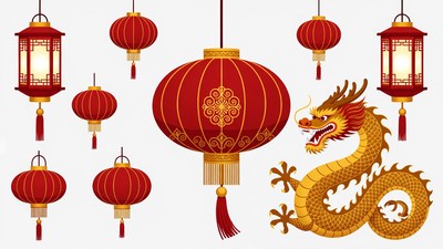 Red Chinese Lanterns and Dragon Illustration