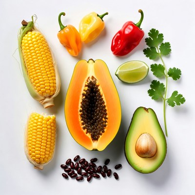 Fresh Corn Papaya Peppers Avocado Flatlay