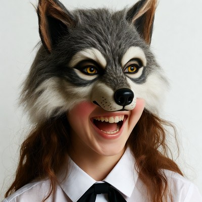 Woman laughing in wolf mask