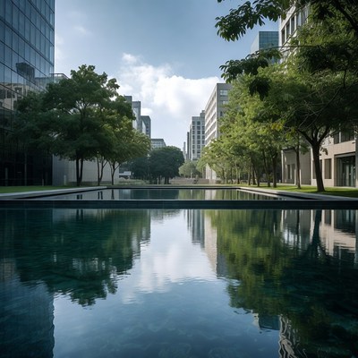 Modern reflecting pool between skyscrapers