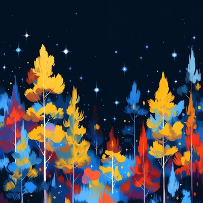 Colorful Autumn Trees Under Starry Night