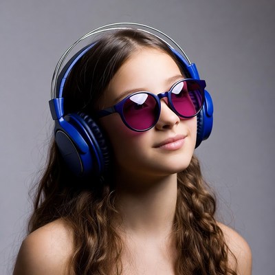 Girl wearing blue headphones and sunglasses