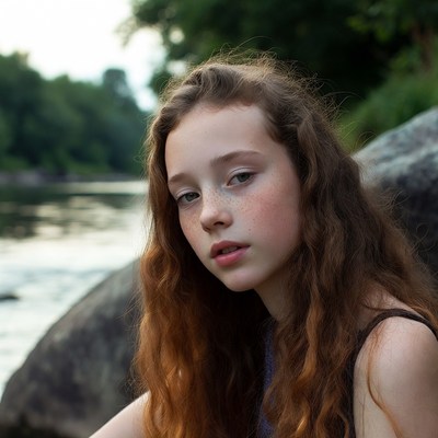 Girl with red hair by river rocks