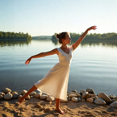 Girl dancing by lake sunset