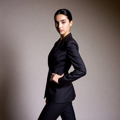 Asian woman in black suit profile