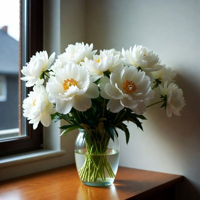 White Peonies Bouquet in Glass Vase