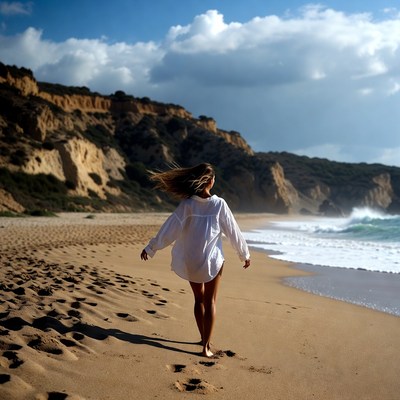 Woman walking on beach towards ocean