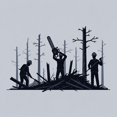 Silhouette lumberjacks cutting trees with chainsaw