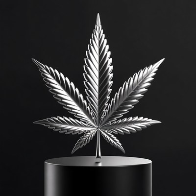 Silver Marijuana Leaf on Black Base