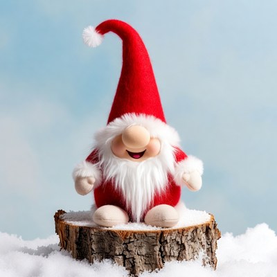 Red Gnome on Snowy Stump