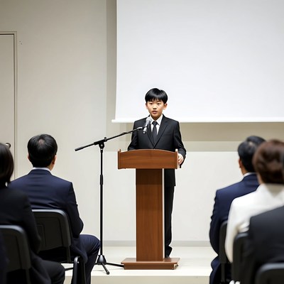 Young Asian boy speaking at podium