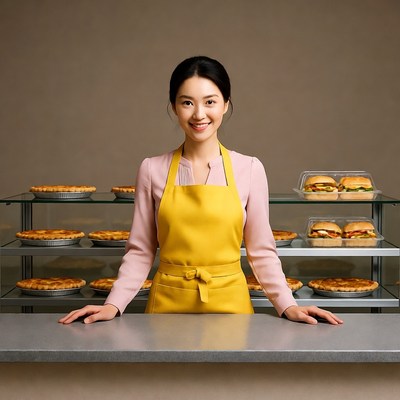 Asian woman in yellow apron at bakery counter