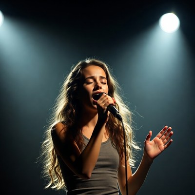 Young woman singing with microphone