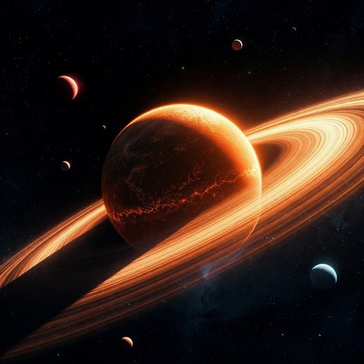 Saturn with Rings and Planets in Space