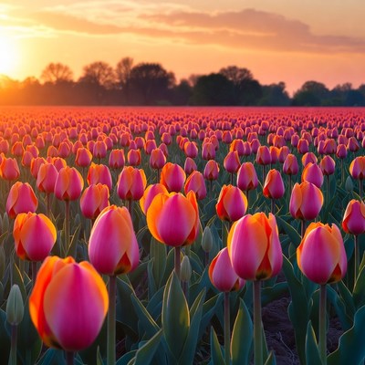 Pink Tulip Field at Sunset