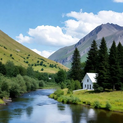 White Cabin by River in Mountain Valley
