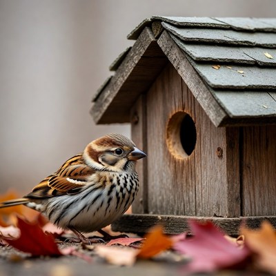 House Sparrow Perched by Birdhouse