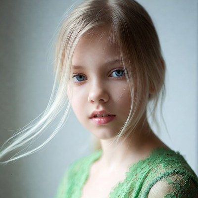 Blonde girl in green lace dress