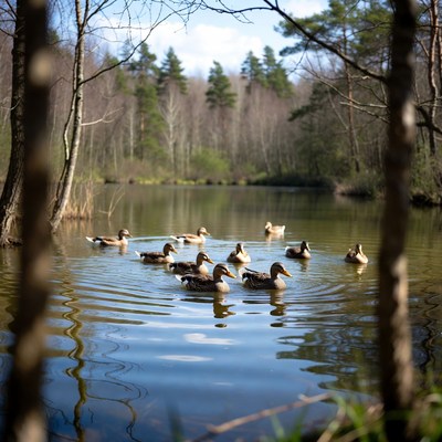 Ducks Swimming in Forest Lake