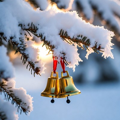 Golden bells on snowy Christmas tree branch